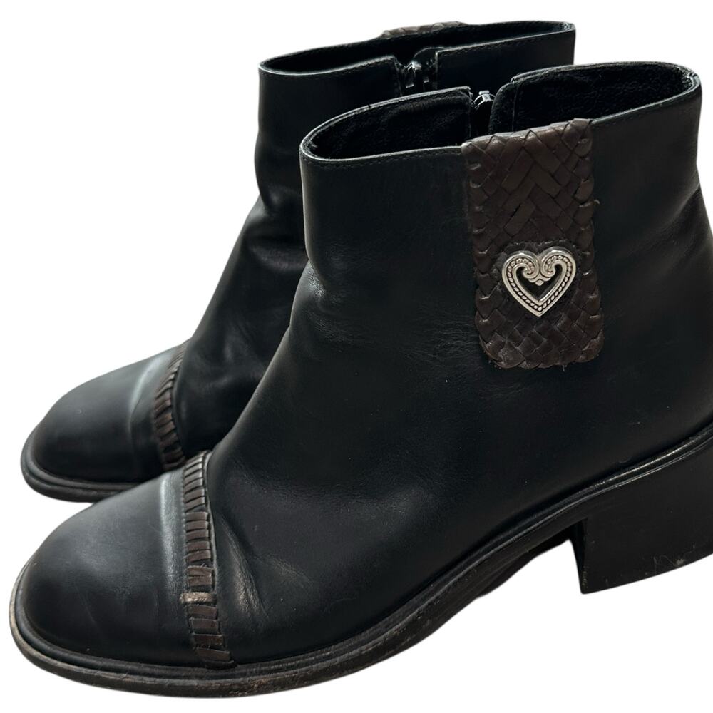 Brighton Vintage Leather Ankle Boots 7.5 Women's Casual Heart Detail Black Brown